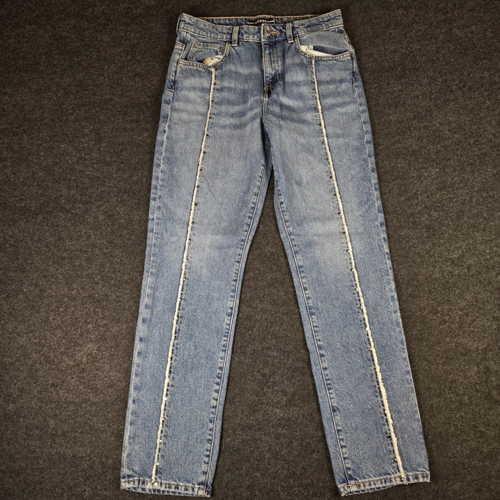 Guess Womens Blue Denim Jeans Straight Leg Studded Striped Accent Pants Size 14